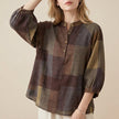 Khaki women's summer blouse with a geometric V-neck design from FJØRNA, featuring lightweight fabric and stylish fit.