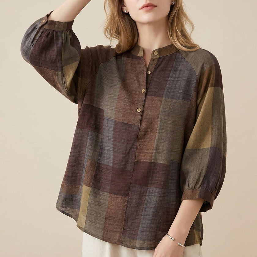 Khaki women's summer blouse with a geometric V-neck design from FJØRNA, featuring lightweight fabric and stylish fit.