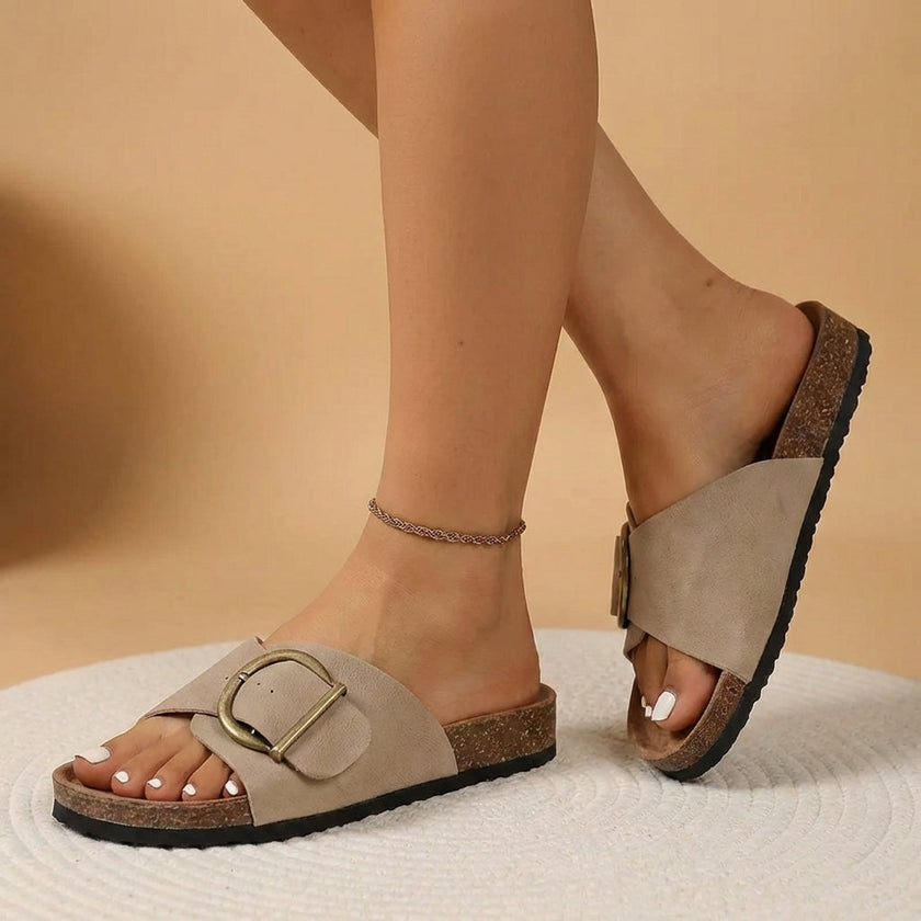 FJØRNA women's orthopedic buckled slide sandals in khaki with adjustable straps and cushioned soles.
