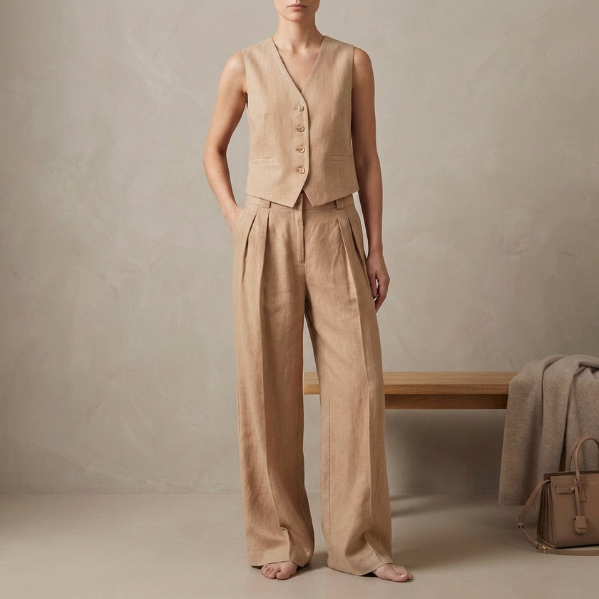 FJØRNA khaki sleeveless linen vest and high-waisted pleated trouser set on a model, showcasing stylish tailored summer outfit.