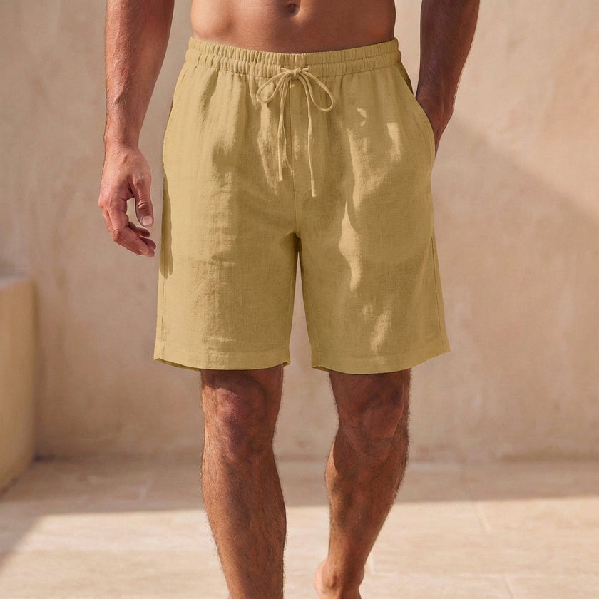 FJØRNA men's khaki quick-dry above-the-knee swim shorts with relaxed fit and adjustable drawstring waistband.
