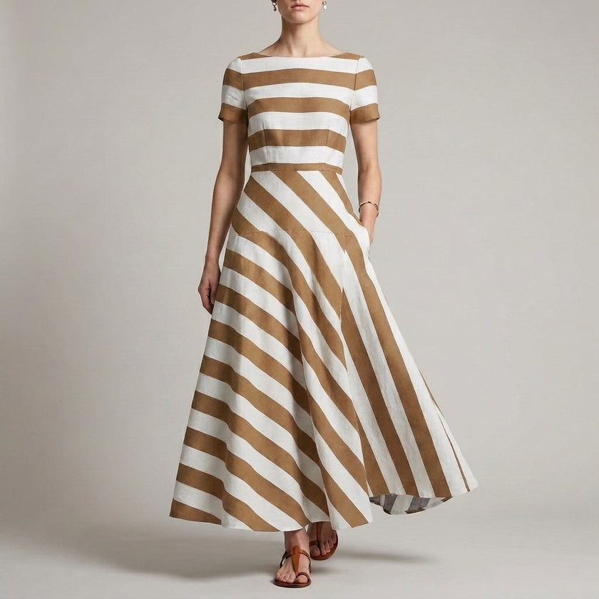 FJØRNA A-line striped maxi dress for women in khaki with pockets, featuring a flowy silhouette and casual style.