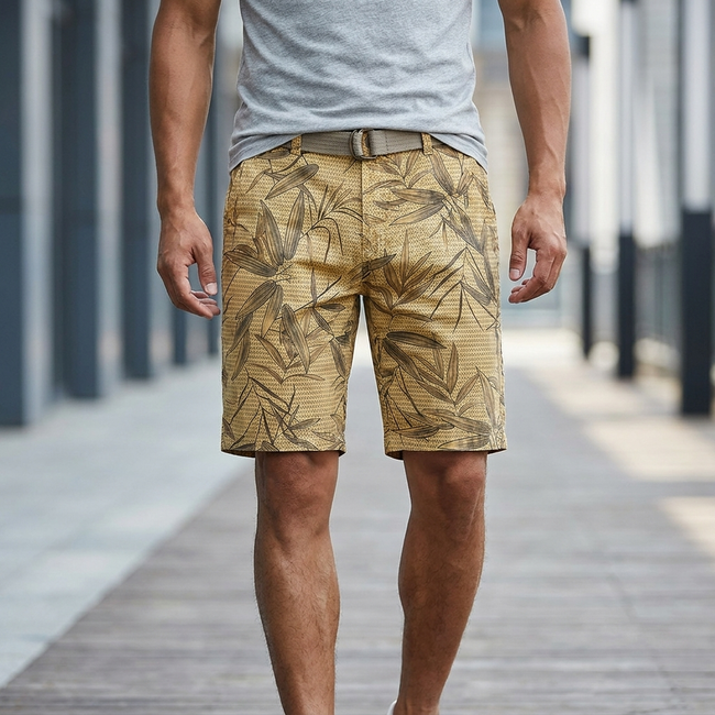 Men's casual work shorts by FJØRNA with leaf print, khaki color, belt, and comfortable fit, perfect for everyday wear.