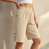 FJØRNA women's khaki summer shorts with high waist, linen fabric, and practical pockets, perfect for lightweight warm-weather wear
