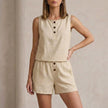 FJØRNA elegant two-piece women's co-ord set with button-front top in khaki, showcasing stylish, coordinated fashion ensemble.