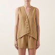 Khaki relaxed sleeveless V-neck two-piece set with asymmetrical button front from FJØRNA, casual and stylish summer outfit.