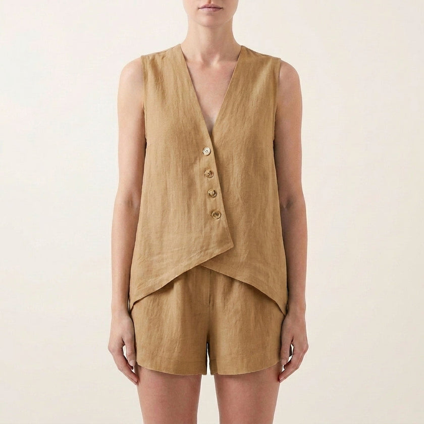 Khaki relaxed sleeveless V-neck two-piece set with asymmetrical button front from FJØRNA, casual and stylish summer outfit.