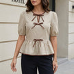 Khaki FJØRNA women's summer blouse with puff sleeves, denim fabric, casual top for warm weather, stylish and comfortable.