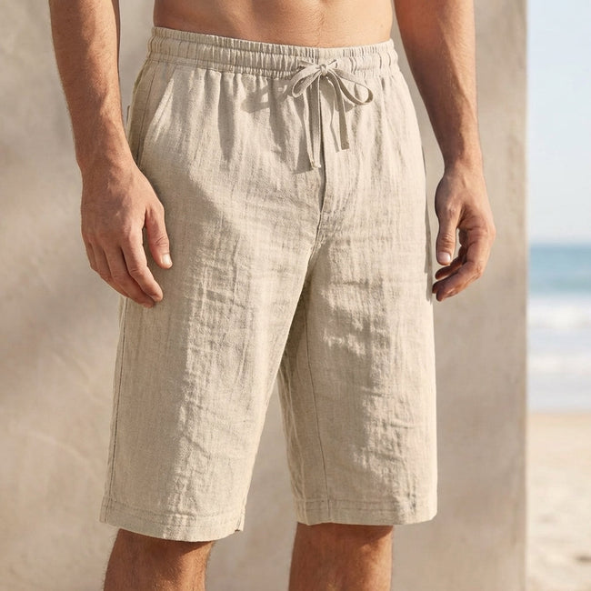 Men's khaki casual knee-length chino shorts with adjustable drawstring waist, ideal for vacation by FJØRNA.