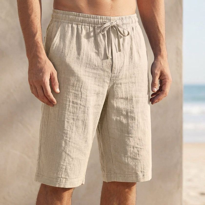 Men's khaki casual knee-length chino shorts with adjustable drawstring waist, ideal for vacation by FJØRNA.