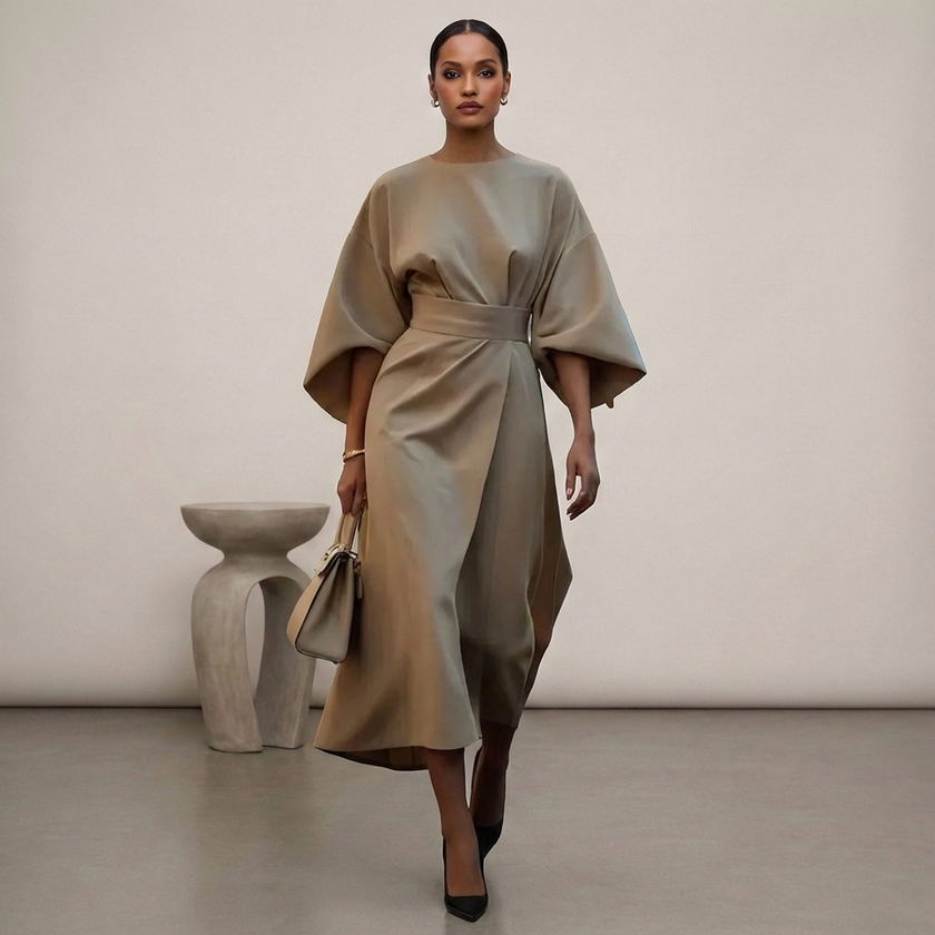 FJØRNA khaki batwing sleeve wrap maxi dress with front belt and slit, stylish and flowy for elegant summer occasions.