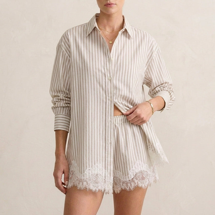 FJØRNA relaxed khaki lace-trimmed two-piece shirt and shorts set with classic collar, casual summer outfit.