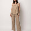FJØRNA relaxed coastal camisole and wide-leg pants set in khaki, featuring a sleeveless top and flowy pants for casual comfort.