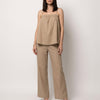 FJØRNA relaxed coastal camisole and wide-leg pants set in khaki, featuring a sleeveless top and flowy pants for casual comfort.