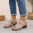 Khaki orthopedic criss-cross slingback platform sandals for women by FJØRNA, featuring a block heel and comfortable design.
