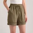 Khaki FJØRNA women's mini dress with drawstring linen fabric, featuring a stylish and elegant design suitable for casual or summer wear.