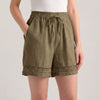 Khaki FJØRNA women's mini dress with drawstring linen fabric, featuring a stylish and elegant design suitable for casual or summer wear.