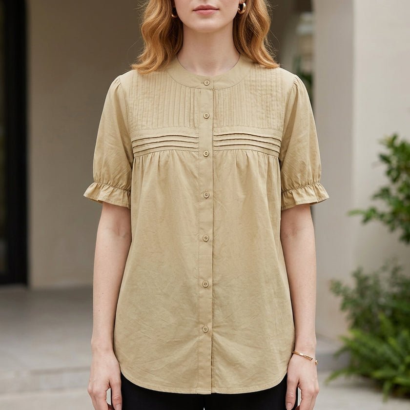 Khaki women's summer blouse by FJØRNA featuring puff sleeves and a button-front denim design.