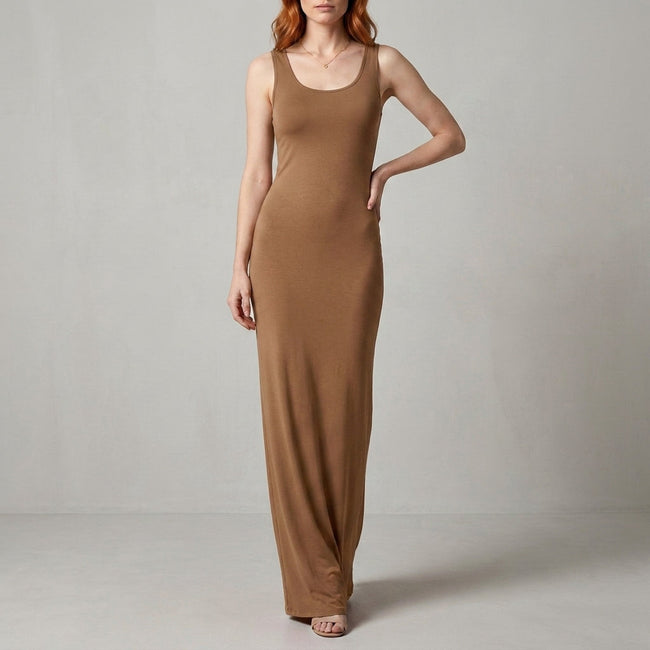 Khaki women's elegant maxi dress by FJØRNA featuring a scoop neck and sleeveless design, flowing fabric and stylish silhouette.