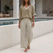 FJØRNA women's khaki striped summer two-piece set with high waist, featuring a stylish co-ord top and matching shorts.