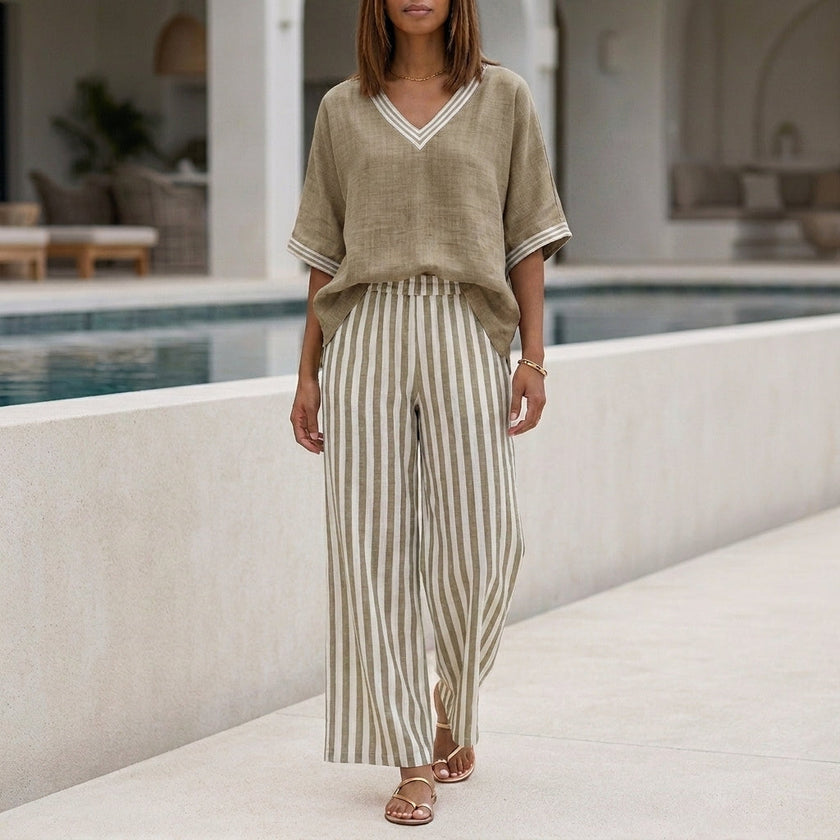FJØRNA women's khaki striped summer two-piece set with high waist, featuring a stylish co-ord top and matching shorts.