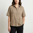 FJØRNA women's short sleeve denim summer blouse in khaki, casual top with relaxed fit and button-front design.