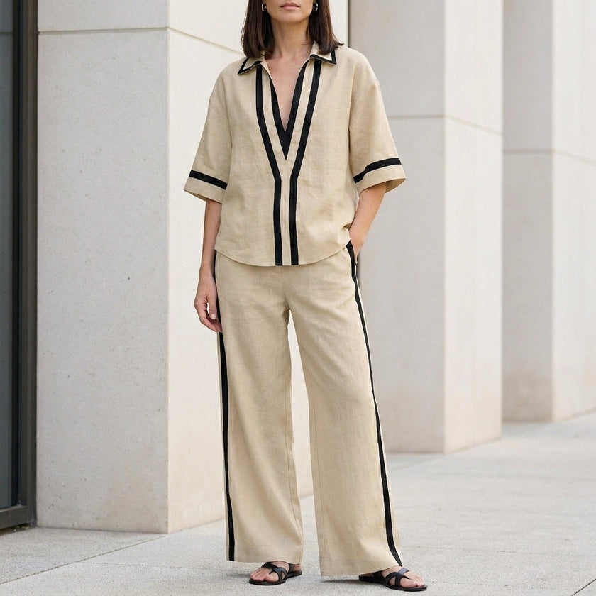 FJØRNA coastal chic khaki contrast trim top and wide-leg pants 2-piece set, casual summer outfit with relaxed fit and stylish details.