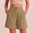 Khaki linen summer shorts for women with high waist and pockets, breathable and stylish FJØRNA women's clothing.