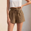 FJØRNA women's khaki linen summer shorts with ruffle detail, casual and lightweight for warm weather.
