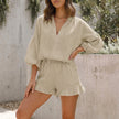FJØRNA khaki relaxed two-piece set with ruffle shorts and tie-front blouse, casual summer outfit for women