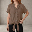 FJØRNA women's khaki summer blouse with V-neck, ruffle details, casual denim style, short sleeves, perfect for warm weather.