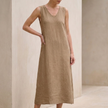 Khaki FJØRNA women's elegant midi dress with V-neck and sleeveless design, perfect for stylish occasions.