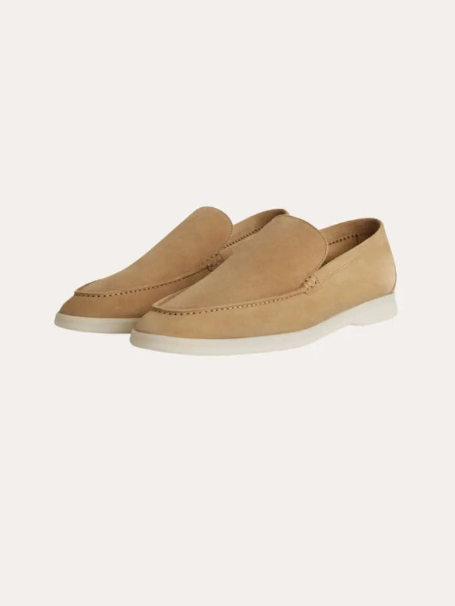 Men's classic suede loafers in khaki by FJØRNA, featuring a sleek design and comfortable fit for stylish casual wear.