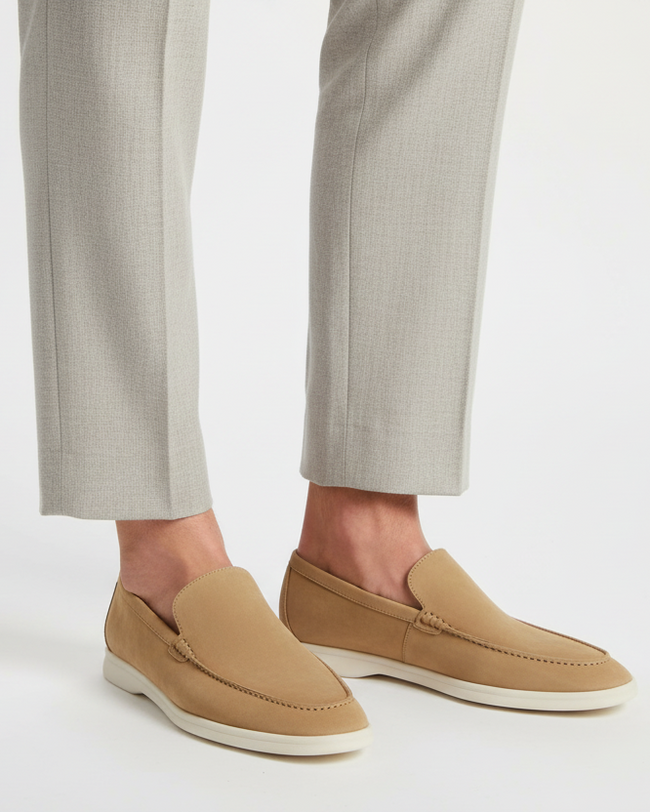 Men's classic suede loafers in khaki color by FJØRNA, showcasing stylish men's shoes with a sleek design.