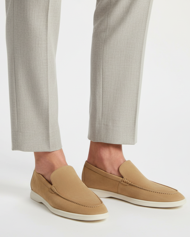 Men's classic suede loafers in khaki color by FJØRNA, showcasing stylish men's shoes with a sleek design.
