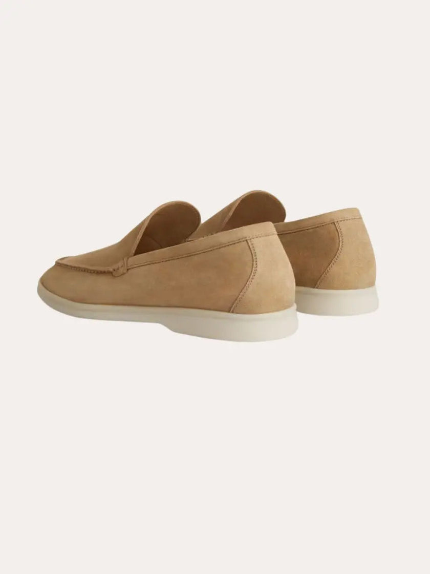 Men's classic suede loafers in khaki by FJØRNA, featuring a sleek design and comfortable fit.