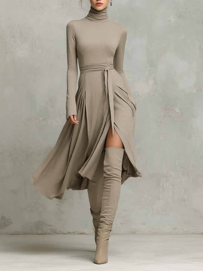FJØRNA knit long sleeve midi evening dress with a fitted silhouette and elegant design, perfect for formal occasions.