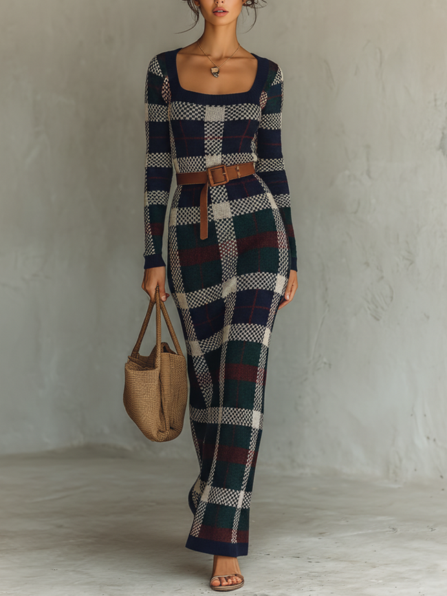FJØRNA knit maxi dress for women, featuring a long, cozy knitted design with a fitted waist and flowing skirt.