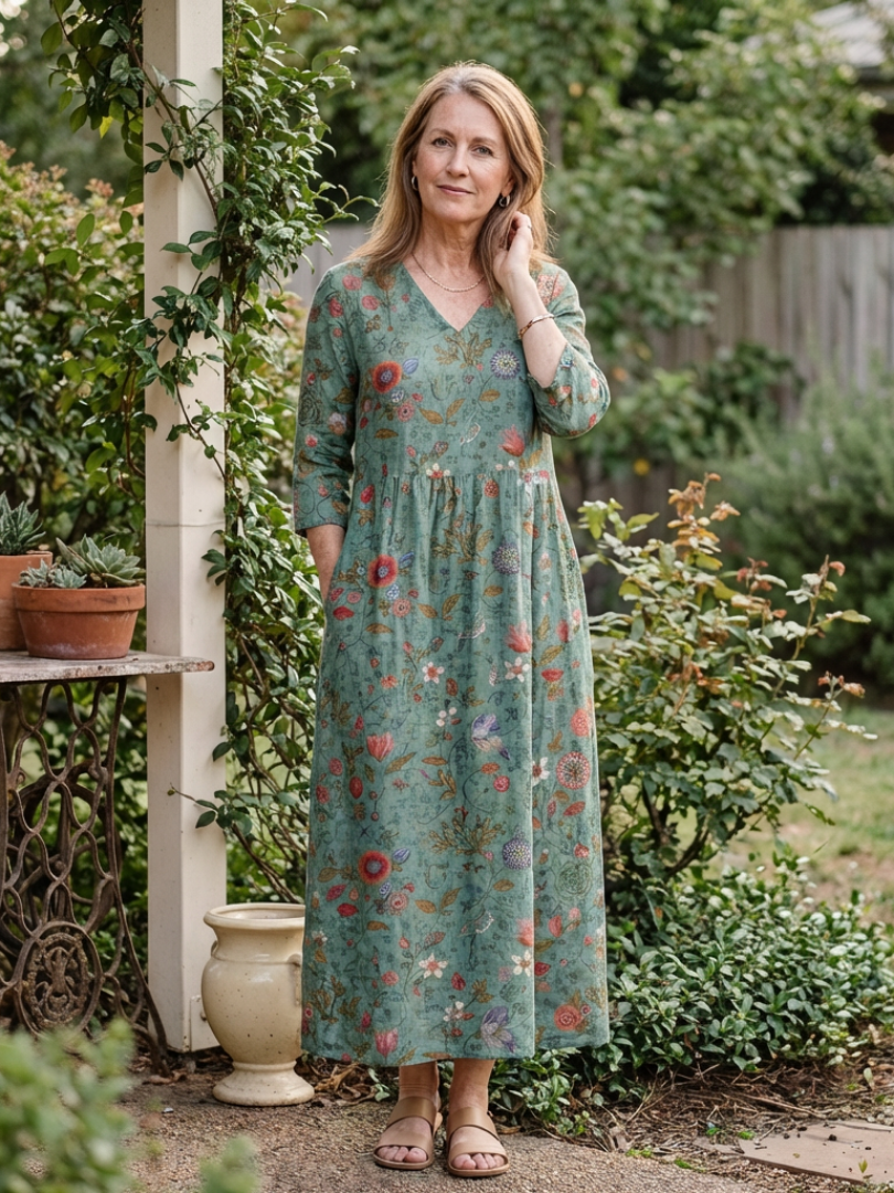 FJØRNA women's floral summer maxi dress, lightweight and flowy, perfect for warm weather, with a vibrant floral pattern.