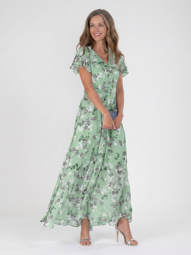 FJØRNA women's summer maxi dress with floral pattern and flutter sleeves, flowing fabric perfect for warm weather.