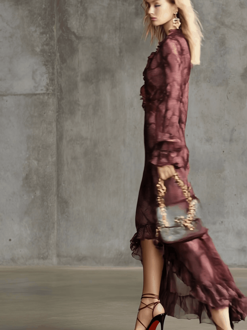 FJØRNA burgundy chiffon ruffle maxi dress with flowing fabric and elegant design, perfect for evening occasions.