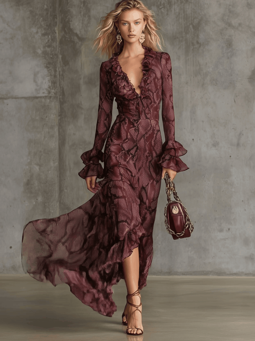 FJØRNA burgundy chiffon ruffle maxi dress with flowing fabric and elegant design, perfect for evening occasions.
