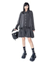 FJØRNA Stripe Tier Shirt Dress in white, featuring a relaxed fit with tiered design and button-front detail.