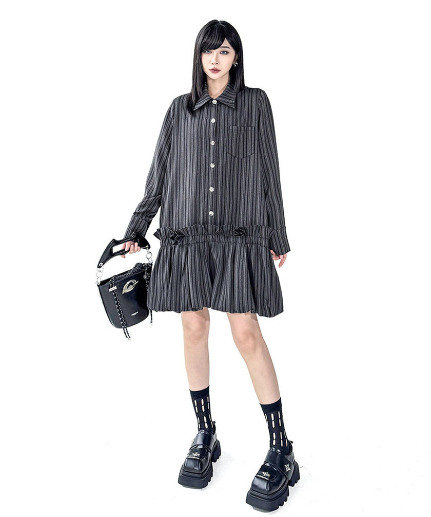 FJØRNA Stripe Tier Shirt Dress in white, featuring a relaxed fit with tiered design and button-front detail.