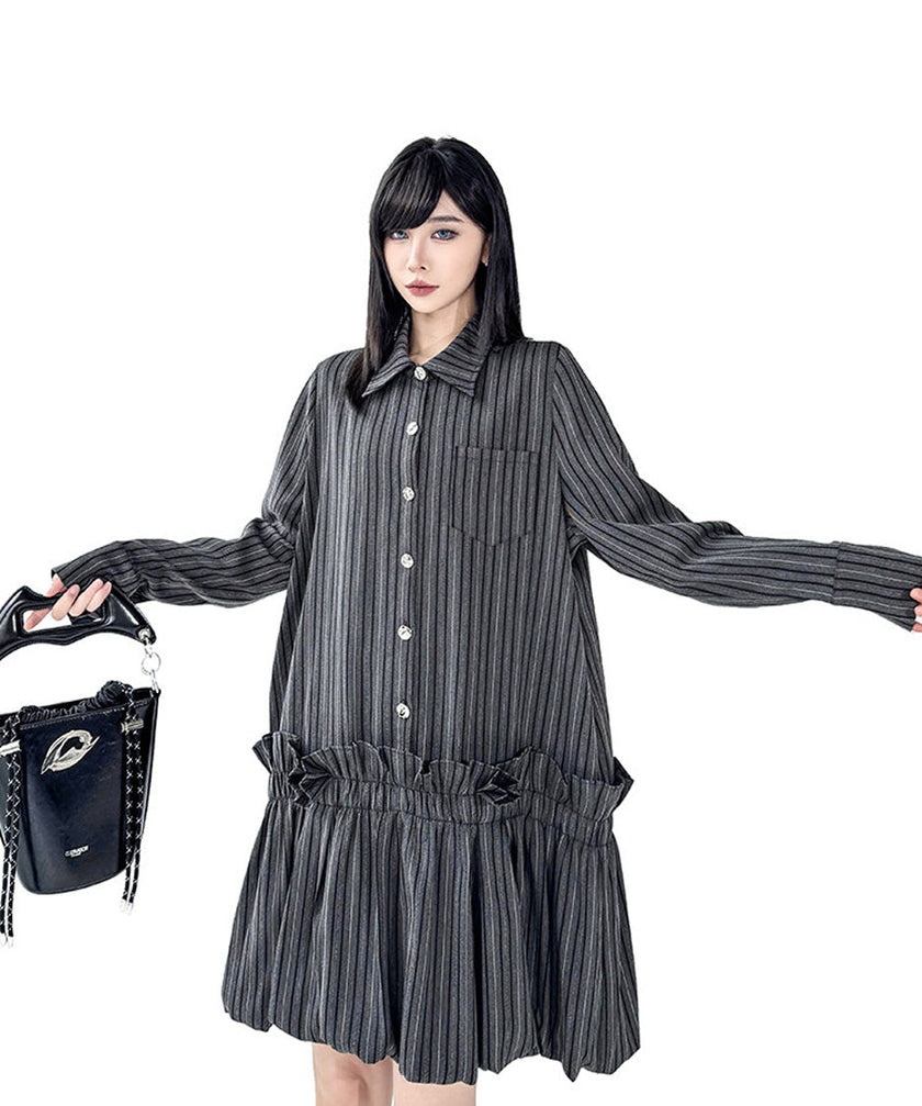FJØRNA Stripe Tier Shirt Dress in white, casual knee-length dress with tiered design and button-front style.