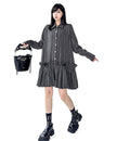 FJØRNA Stripe Tier Shirt Dress in white, featuring a collared neckline, tiered design, and long sleeves, displayed on a hanger.