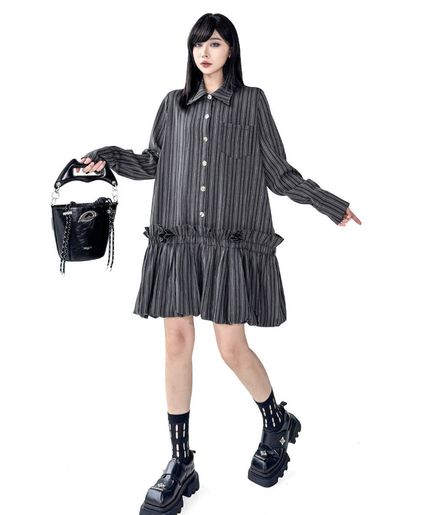 FJØRNA Stripe Tier Shirt Dress in white, featuring a collared neckline, tiered design, and long sleeves, displayed on a hanger.