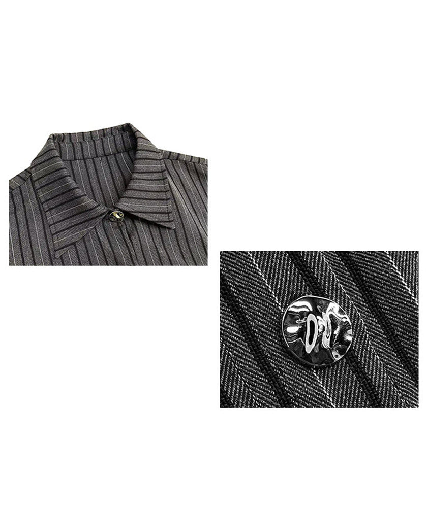 FJØRNA Stripe Tier Shirt Dress in white, featuring a relaxed fit with vertical stripes and a classic shirt collar.
