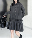FJØRNA Stripe Tier Shirt Dress in white, featuring a tiered design and button-down front, displayed on a hanger.