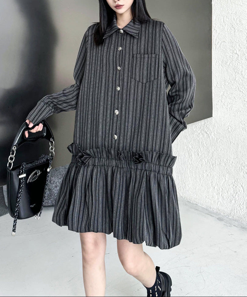 FJØRNA Stripe Tier Shirt Dress in white, featuring a tiered design and button-down front, displayed on a hanger.